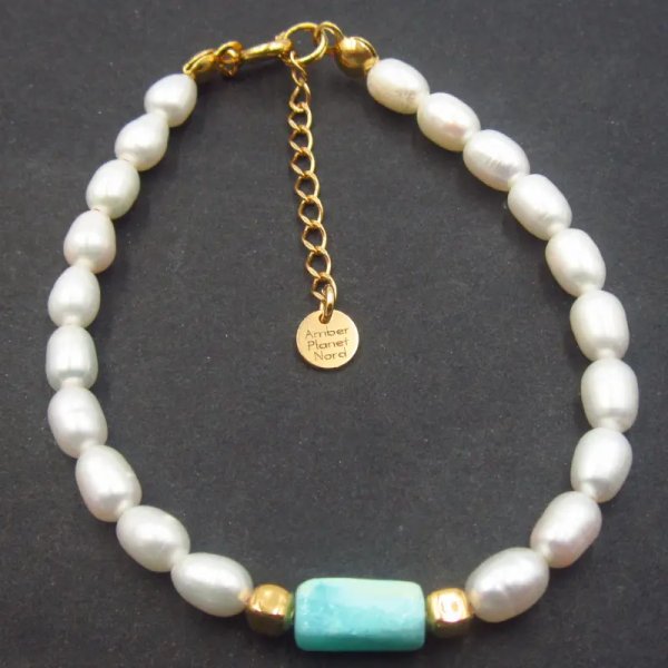 Perły Naturalne białe, Amazonit i srebro złocone - bransoletka regulowana