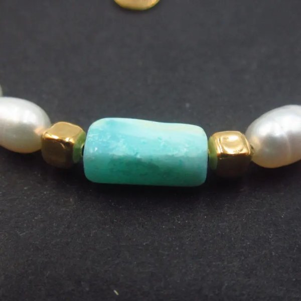 Perły Naturalne białe, Amazonit i srebro złocone - bransoletka regulowana