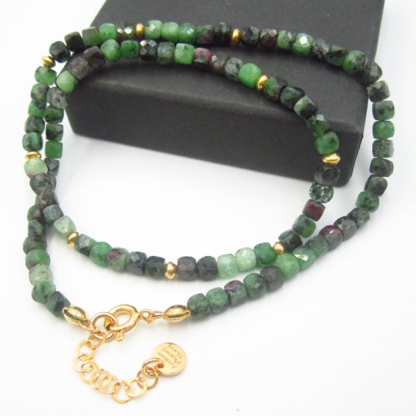 Zoisyt z Rubinem i srebro złocone - naszyjnik 37cm z regulacją