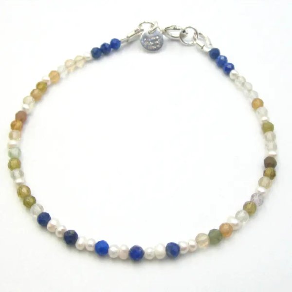 Lapis Lazuli, Cytryn, Perła, Turmalin Rubelit i srebro - bransoletka 18 cm