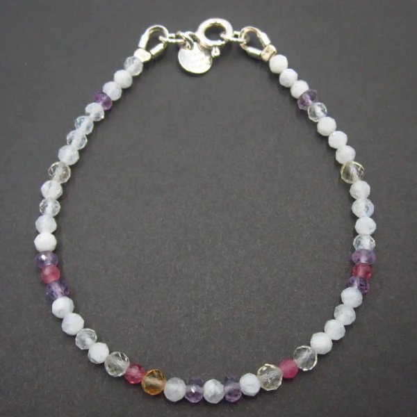 Kamień Księżycowy, Cytryn, Ametyst, Turmalin - fasetowane kulki, oponki i srebro - bransoletka 16,5 cm