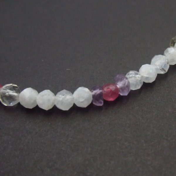 Kamień Księżycowy, Cytryn, Ametyst, Turmalin - fasetowane kulki, oponki i srebro - bransoletka 16,5 cm