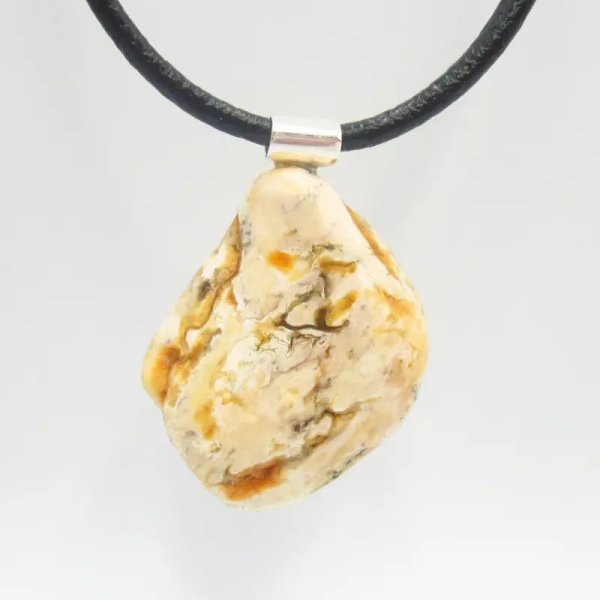 Surowy Naturalny Bursztyn Biały i srebro - naszyjnik na rzemieniu (50 cm)
