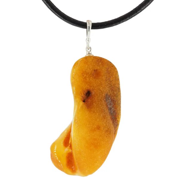 Naturalny mleczny Bursztyn surowy i srebro - naszyjnik na rzemieniu