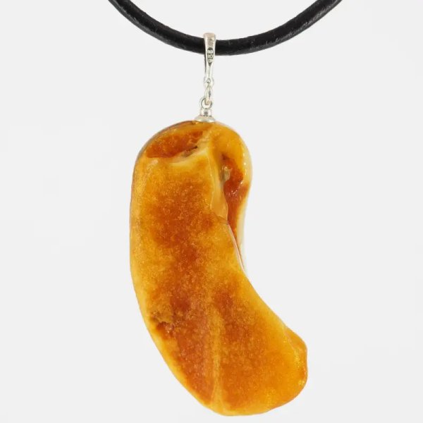 Naturalny mleczny Bursztyn surowy i srebro - naszyjnik na rzemieniu
