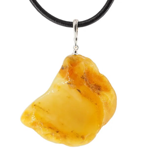 Surowy Naturalny Bursztyn mleczny i srebro - naszyjnik na rzemieniu