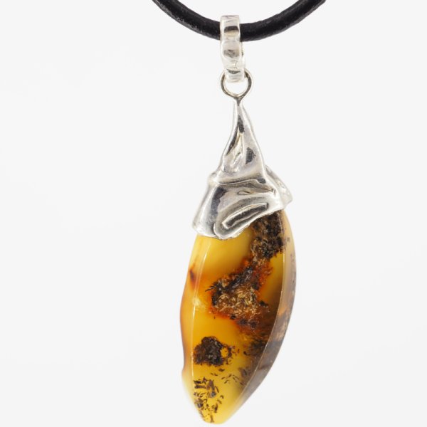 Naturalny Bursztyn bałtycki i srebro oksydowane  - naszyjnik na rzemieniu