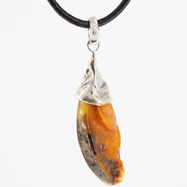 Naturalny Bursztyn bałtycki i srebro oksydowane  - naszyjnik na rzemieniu