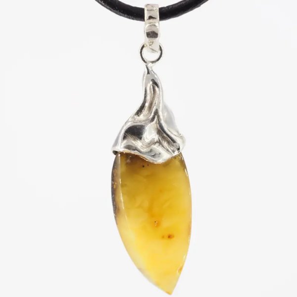 Naturalny Bursztyn bałtycki i srebro  - naszyjnik na rzemieniu