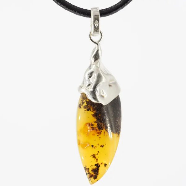Naturalny Bursztyn bałtycki i srebro  - naszyjnik na rzemieniu