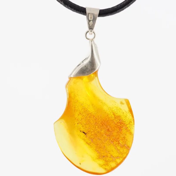Naturalny Bursztyn bałtycki i srebro  - naszyjnik na rzemieniu
