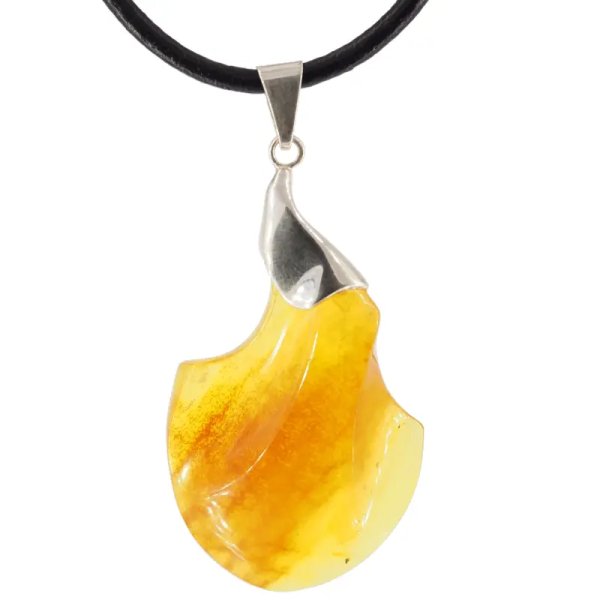 Naturalny Bursztyn bałtycki i srebro  - naszyjnik na rzemieniu
