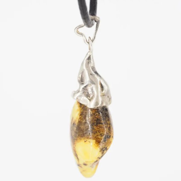 Naturalny Bursztyn bałtycki i srebro  - naszyjnik na rzemieniu