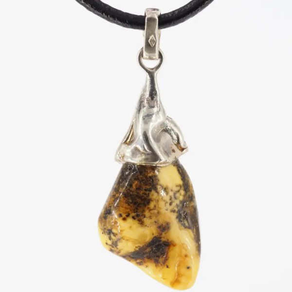 Naturalny Bursztyn bałtycki i srebro  - naszyjnik na rzemieniu