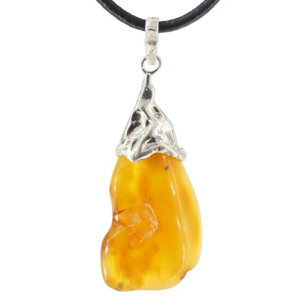 Naturalny Bursztyn bałtycki i srebro - naszyjnik na rzemieniu