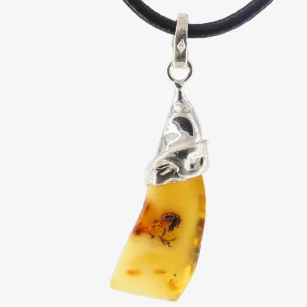 Naturalny Bursztyn bałtycki i srebro - naszyjnik na rzemieniu