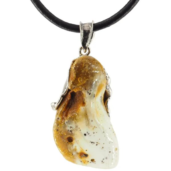 Naturalny Bursztyn częściowo polerowany i srebro oksydowane - naszyjnik na rzemieniu