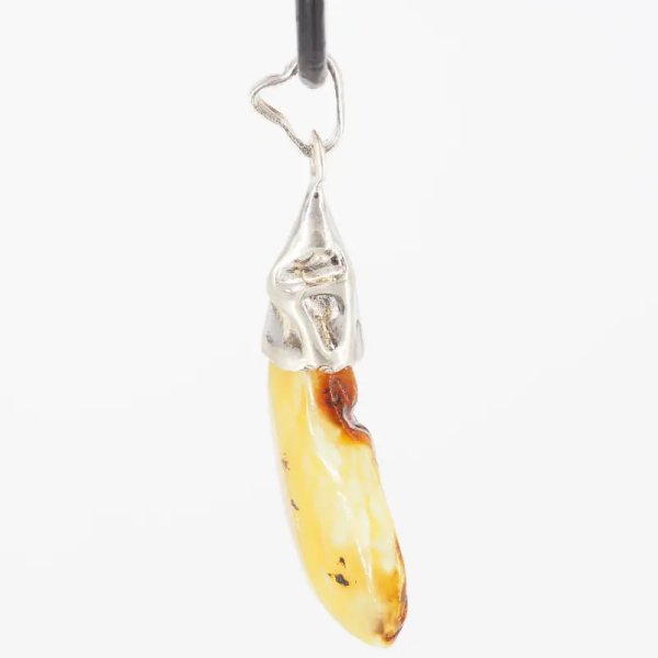 Naturalny, mleczny Bursztyn bałtycki i srebro  - naszyjnik na rzemieniu