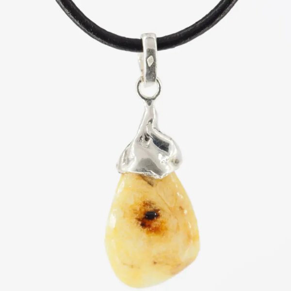 Naturalny, mleczny Bursztyn bałtycki i srebro  - naszyjnik na rzemieniu