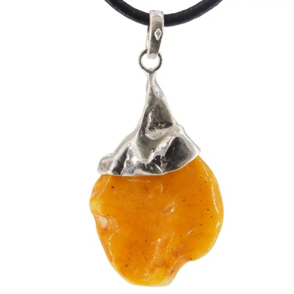 Naturalny, mleczny Bursztyn bałtycki i srebro - naszyjnik na rzemieniu