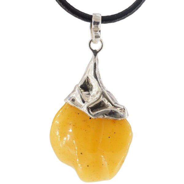 Naturalny, mleczny Bursztyn bałtycki i srebro - naszyjnik na rzemieniu