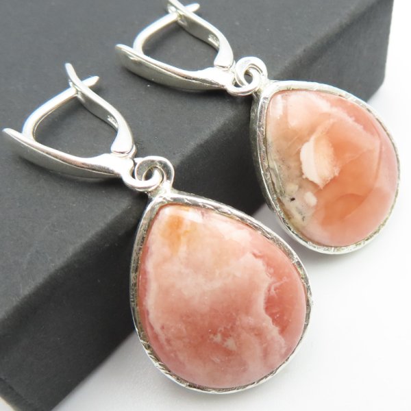 Rodochrozyt w srebrze młotkowanym - kolczyki łzy (para)