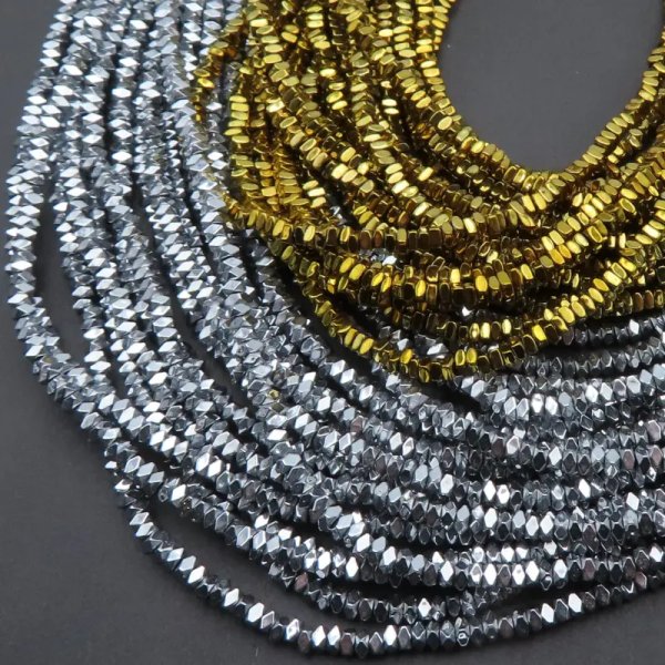 Hematyt srebrny lub złoty fasetowane poduszki (kwadraty) 2x1 mm (sznur)