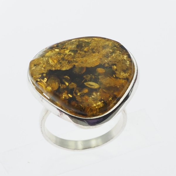 Zielony Bursztyn i srebro - pierścionek