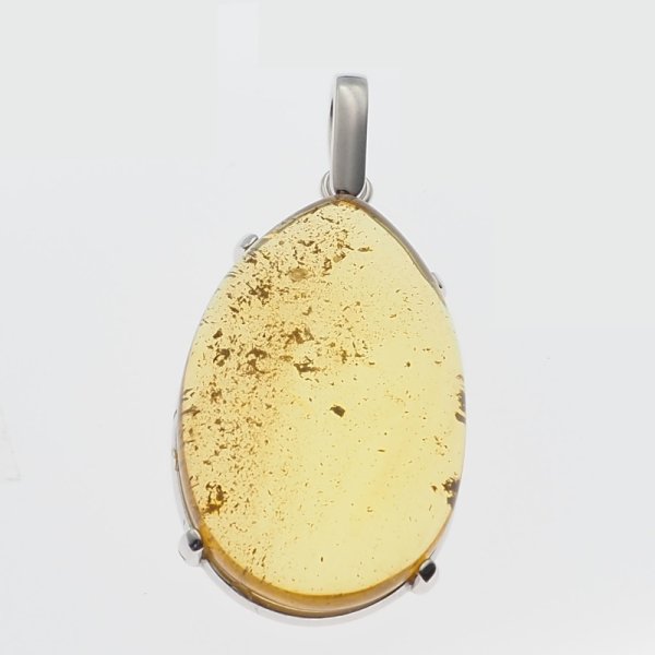 Bursztyn przezroczysty ze szczątkami organicznymi i srebro rodowane - wisiorek łza