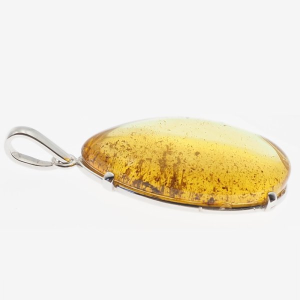 Bursztyn przezroczysty ze szczątkami organicznymi i srebro rodowane - wisiorek łza