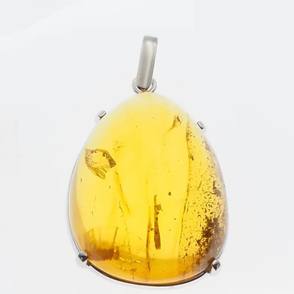 Bursztyn przezroczysty ze szczątkami organicznymi i srebro rodowane - zawieszka łza