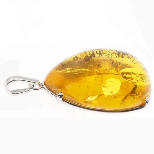 Bursztyn przezroczysty ze szczątkami organicznymi i srebro rodowane - zawieszka łza