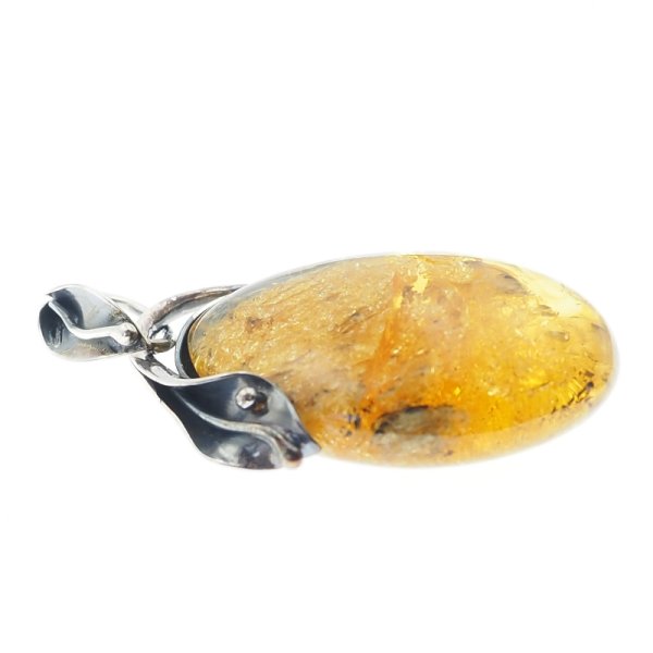 Bursztyn ze szczątkami organicznymi i srebro oksydowane - zawieszka z liśćmi
