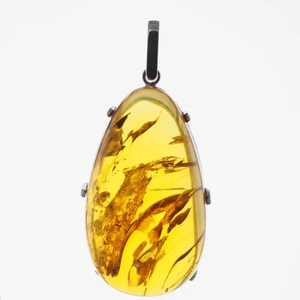 Bursztyn ze szczątkami roślinnymi i srebro rodowane - duża zawieszka