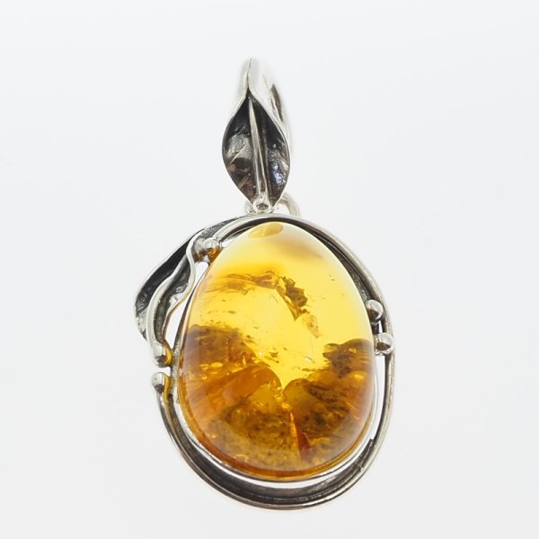 Szczątki organiczne w przezroczystym bursztynie i srebro oksydowane - wisiorek