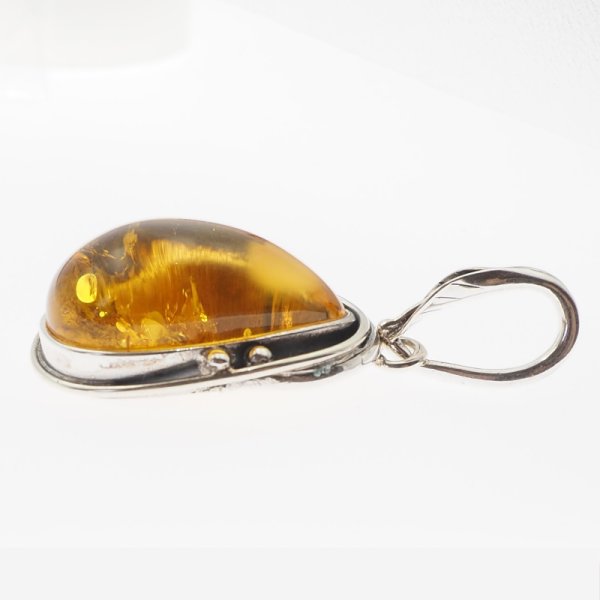 Szczątki organiczne w przezroczystym bursztynie i srebro oksydowane - wisiorek