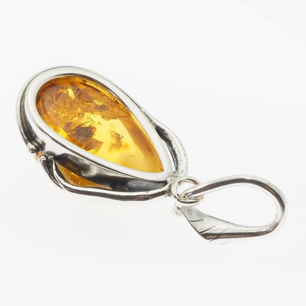 Szczątki organiczne w przezroczystym bursztynie i srebro oksydowane - wisiorek