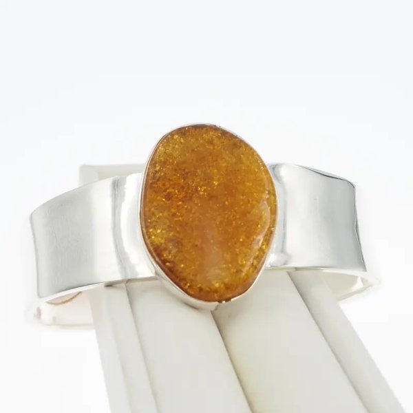 Bursztyn koniakowy z łuskami i srebro - bransoleta sztywna prostokąt