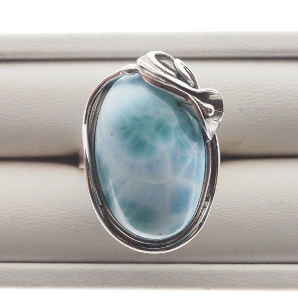Larimar i srebro oksydowane - pierścionek owal (Rozmiar Jubilerski 17) z regulacją