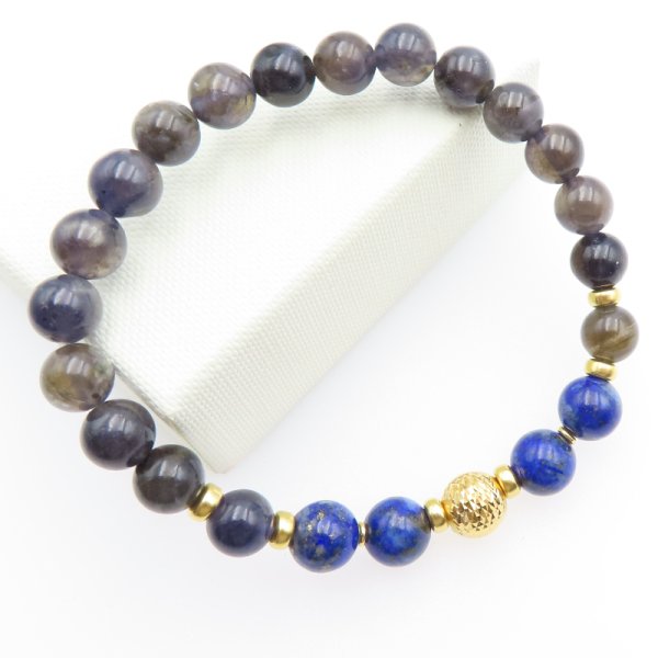 Iolit, lapis lazuli i srebro złocone - bransoleta 18 cm