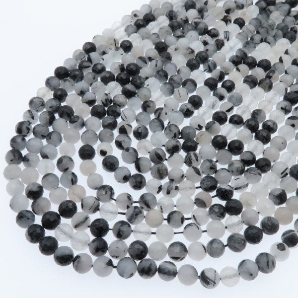 Kwarc rutylowy czarny kula fasetowana 8 mm – sznur ok. 39,5 cm