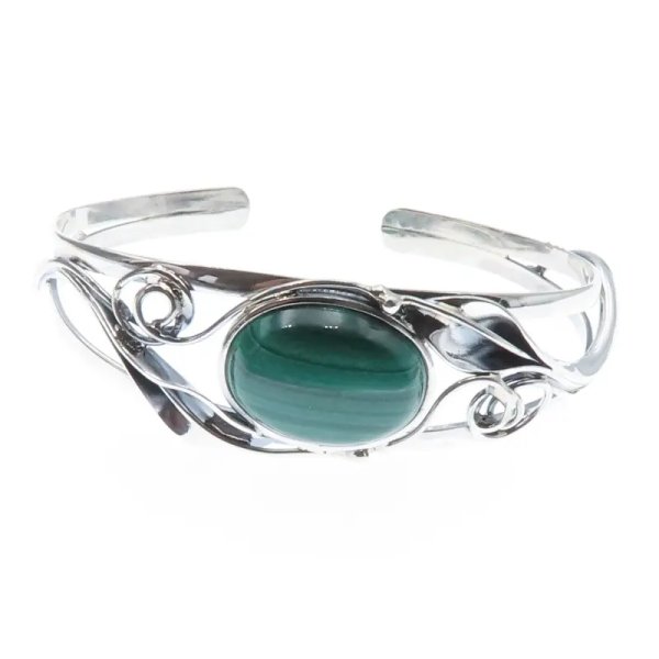 Malachit i srebro oksydowane - bransoleta sztywna owal z listkiem