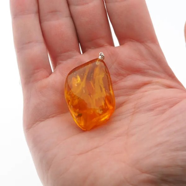 duży komar i szczątki roślinne w bursztynie i srebro - zawieszka