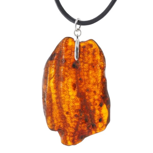 Surowy Naturalny Bursztyn i srebro - zawieszka z rzemieniem