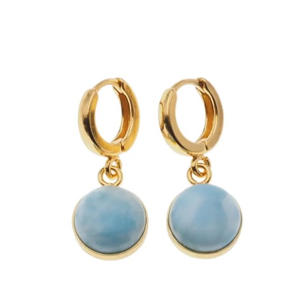 Larimar w srebrze złoconym - kolczyki okrągłe 10 mm