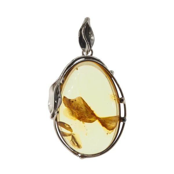 Przezroczysty bursztyn z szczątkami roślinnymi  i srebro oksydowane - wisiorek