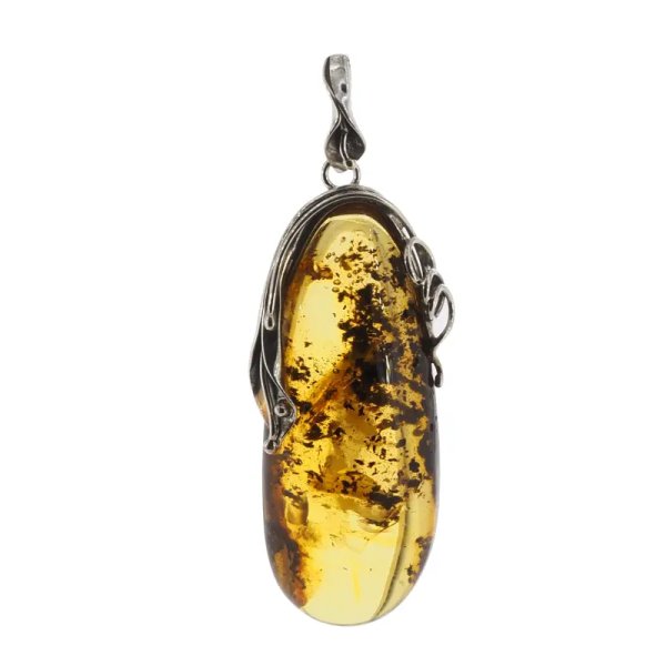 Przezroczysty bursztyn z szczątkami organicznymi, pęcherzykami powietrza  i srebro oksydowane - zawieszka