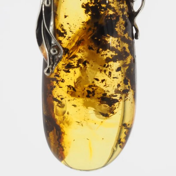 Przezroczysty bursztyn z szczątkami organicznymi, pęcherzykami powietrza  i srebro oksydowane - zawieszka
