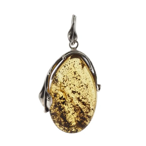 Przezroczysty bursztyn z szczątkami organicznymi  i srebro oksydowane - wisiorek