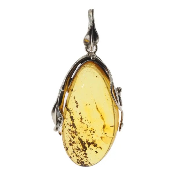 Przezroczysty bursztyn z szczątkami organicznymi  i srebro oksydowane - wisiorek